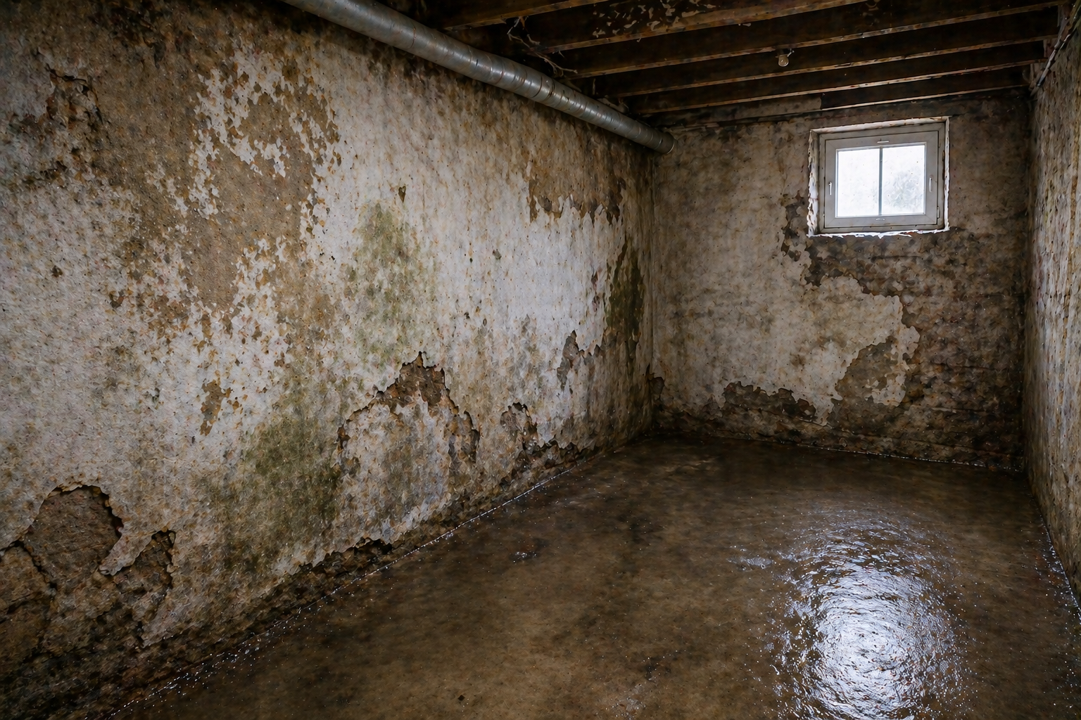 Cave humide avec salpêtre et dégradation des murs